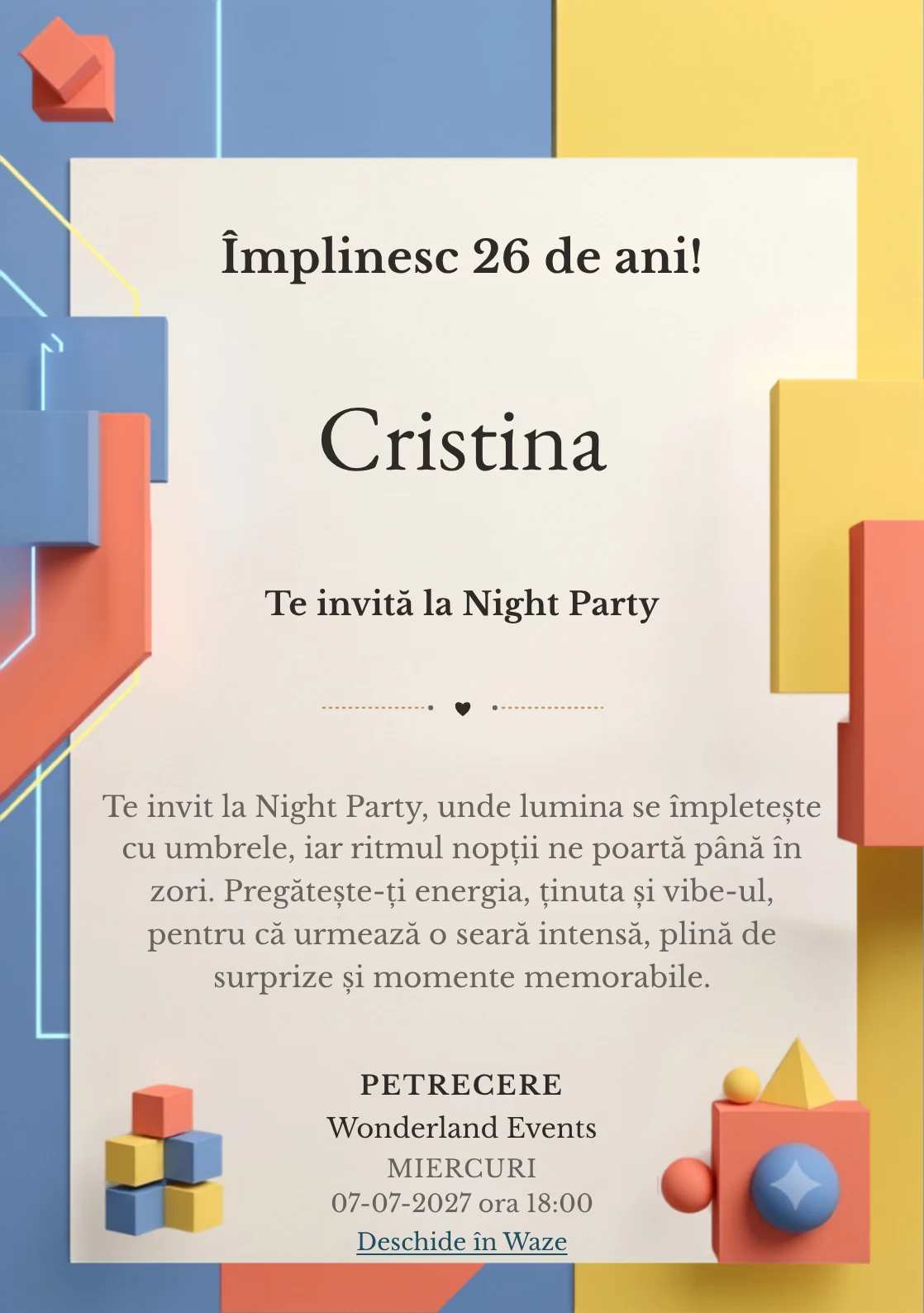 Color Block Party este un model de invitații digitale pentru o aniversare adultă, definit vizual de volume colorate și lumină grafică.