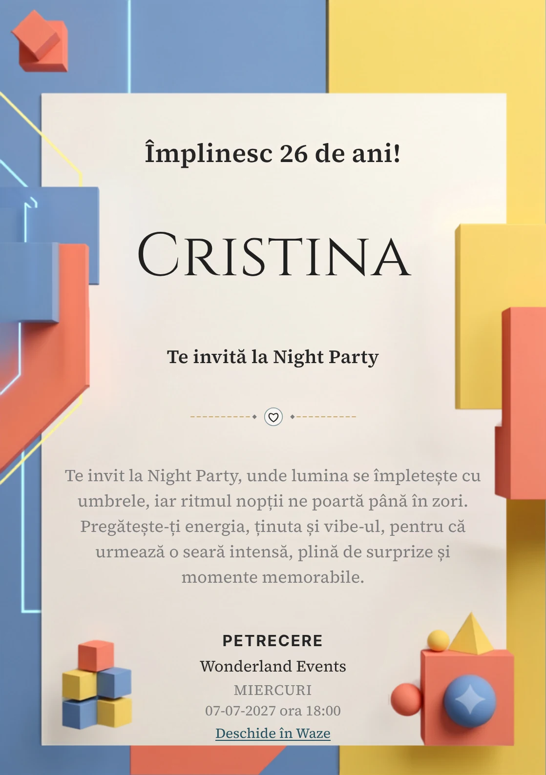 Color Block Party este un model de invitații digitale pentru o aniversare adultă, definit vizual de volume colorate și lumină grafică.