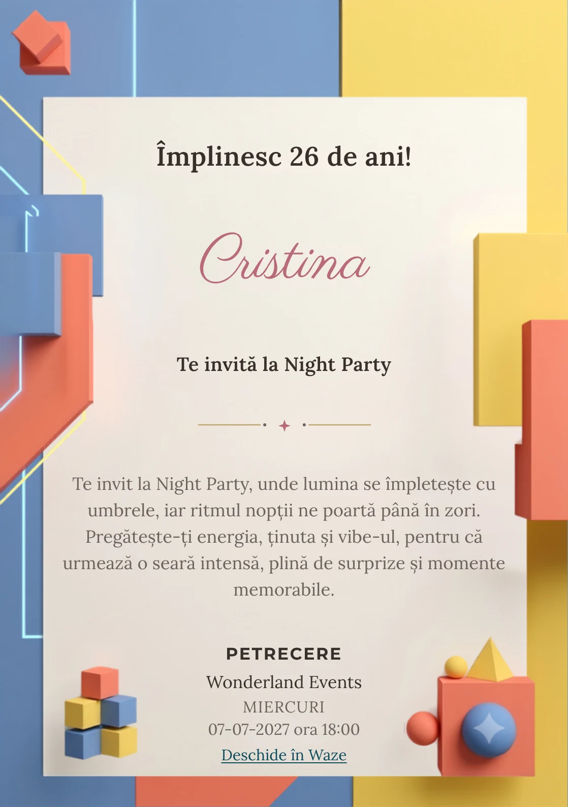 Color Block Party este un model de invitații digitale pentru o aniversare adultă, definit vizual de volume colorate și lumină grafică.