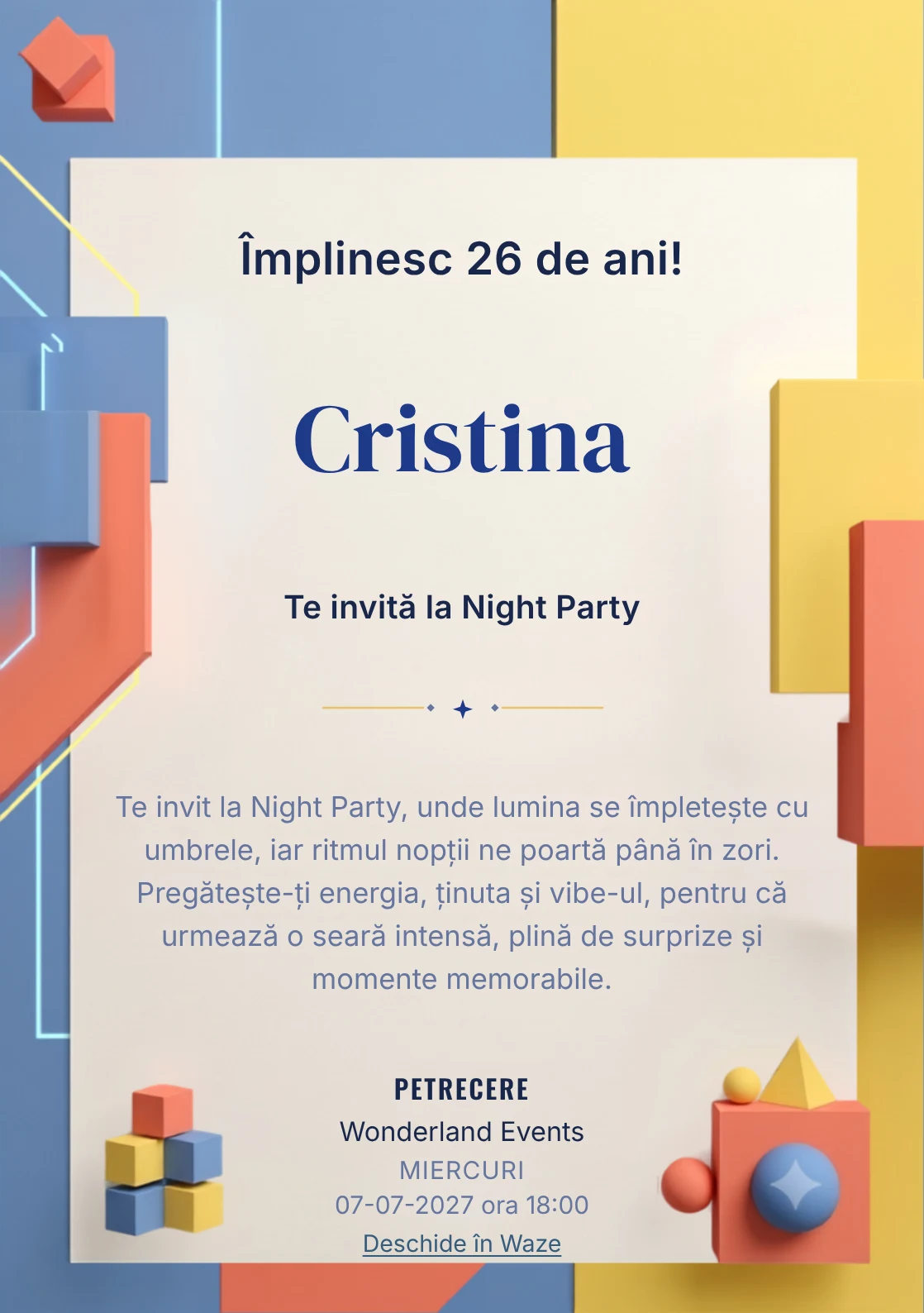 Color Block Party este un model de invitații digitale pentru o aniversare adultă, definit vizual de volume colorate și lumină grafică.