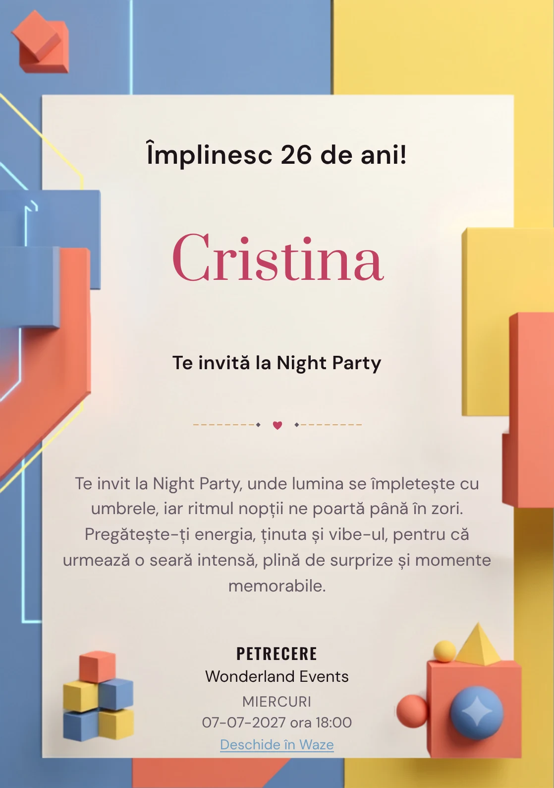 Color Block Party este un model de invitații digitale pentru o aniversare adultă, definit vizual de volume colorate și lumină grafică.