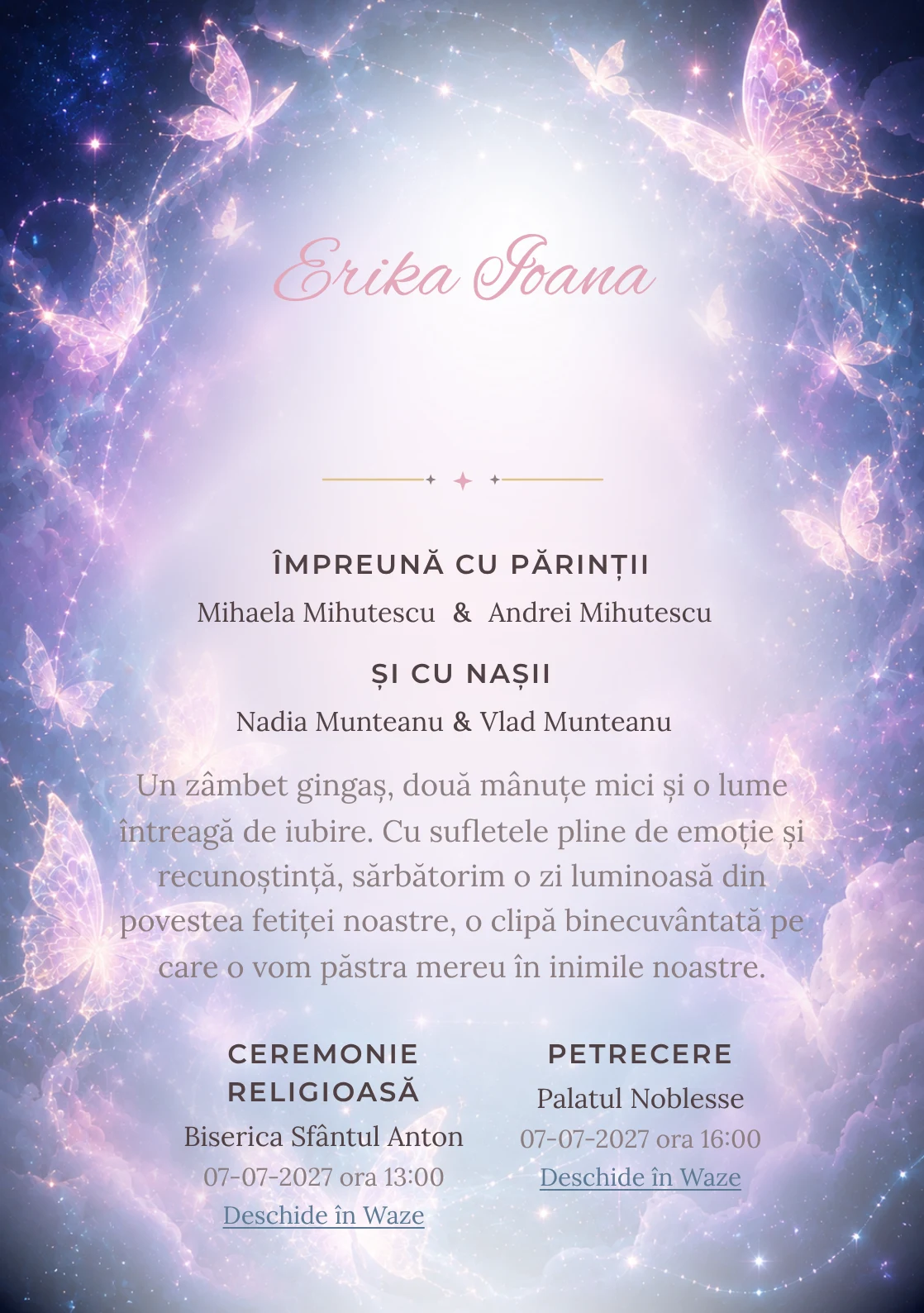 Constelația Fluturilor, design din gama de invitații botez fetiță, prezintă o constelație formată din fluturi, alături de stele fine.
