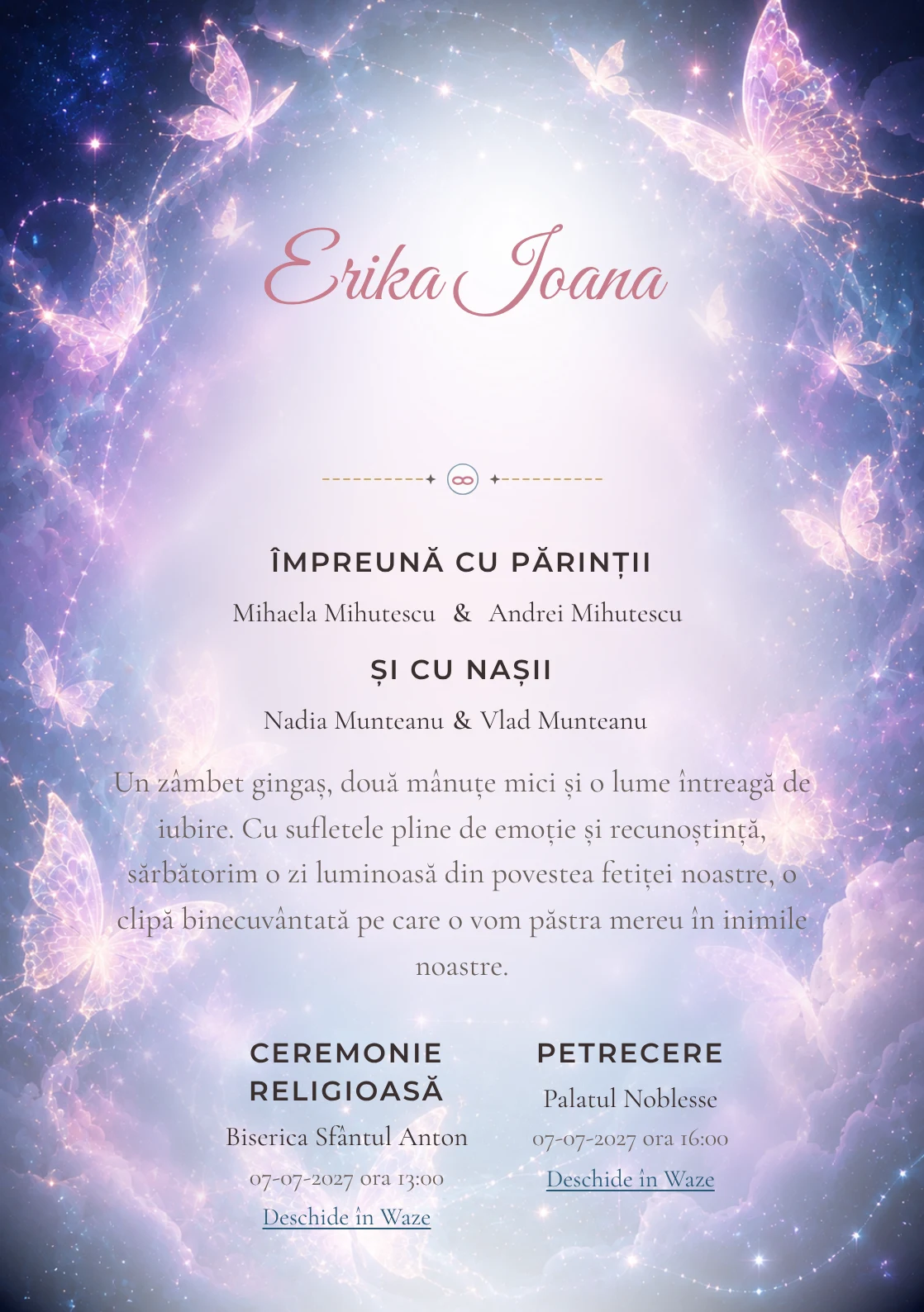 Constelația Fluturilor, design din gama de invitații botez fetiță, prezintă o constelație formată din fluturi, alături de stele fine.