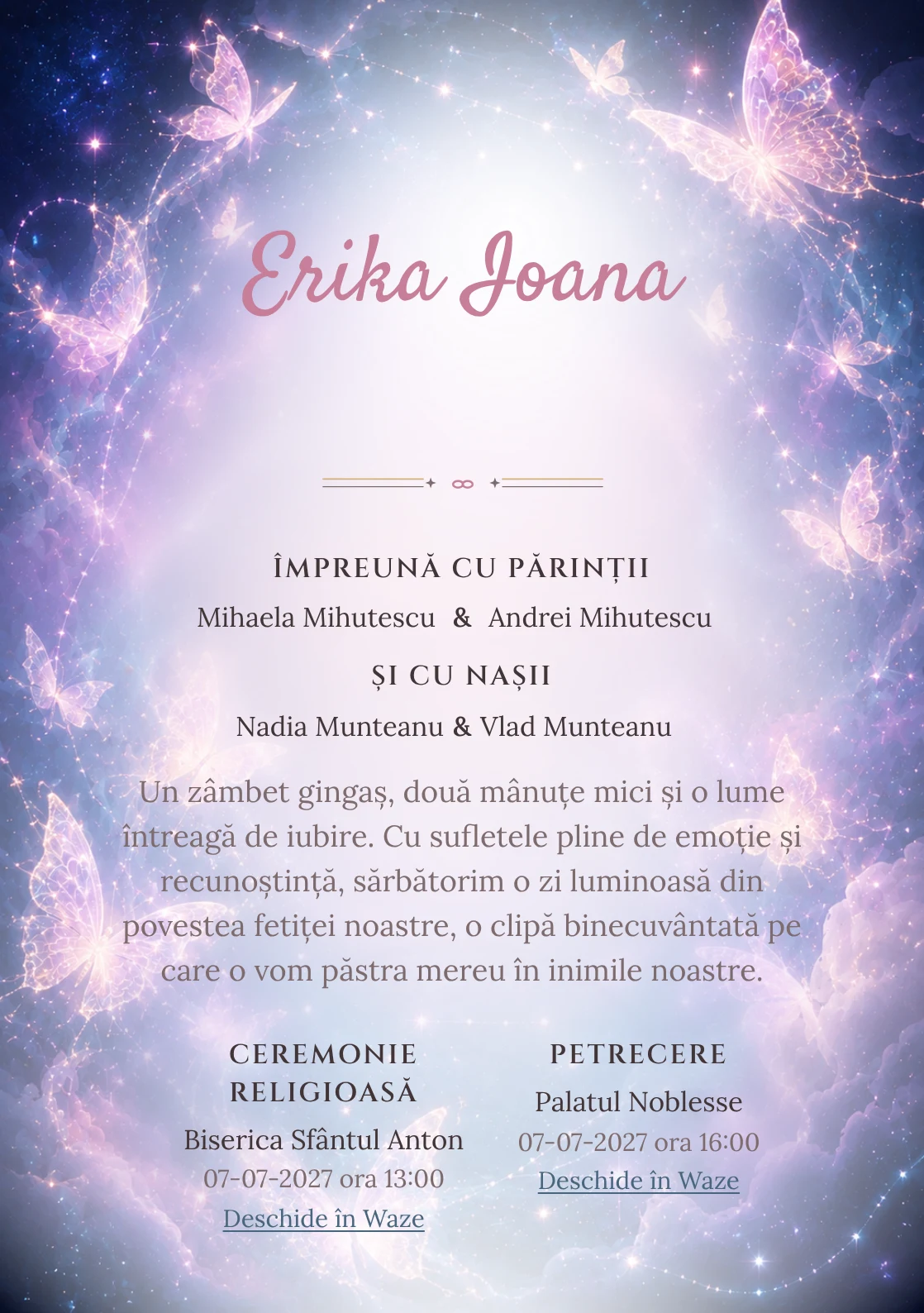 Constelația Fluturilor, design din gama de invitații botez fetiță, prezintă o constelație formată din fluturi, alături de stele fine.