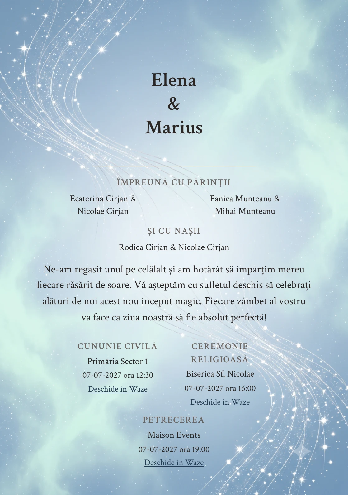 Constelații Unite, pentru o invitație de nuntă, prezintă două trasee de puncte care converg, completat vizual de nuanțe de albastru constelație stins și verde auroră pal.