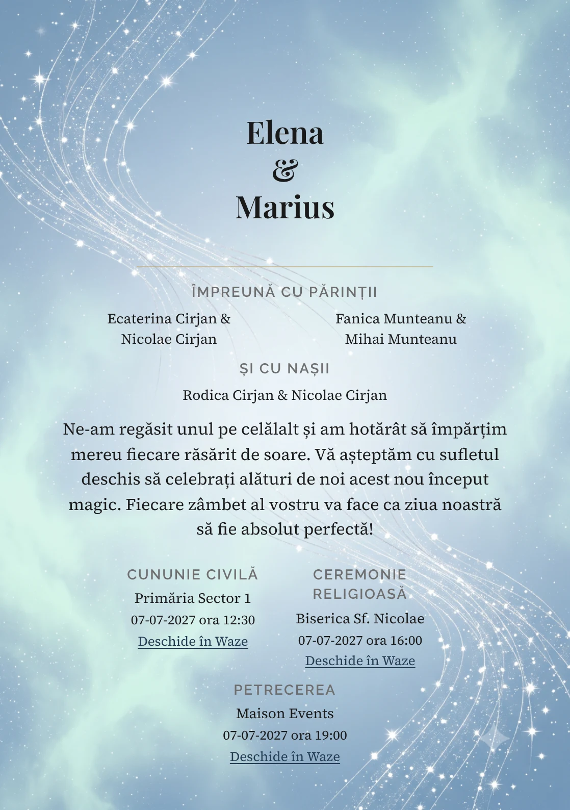 Constelații Unite, pentru o invitație de nuntă, prezintă două trasee de puncte care converg, completat vizual de nuanțe de albastru constelație stins și verde auroră pal.