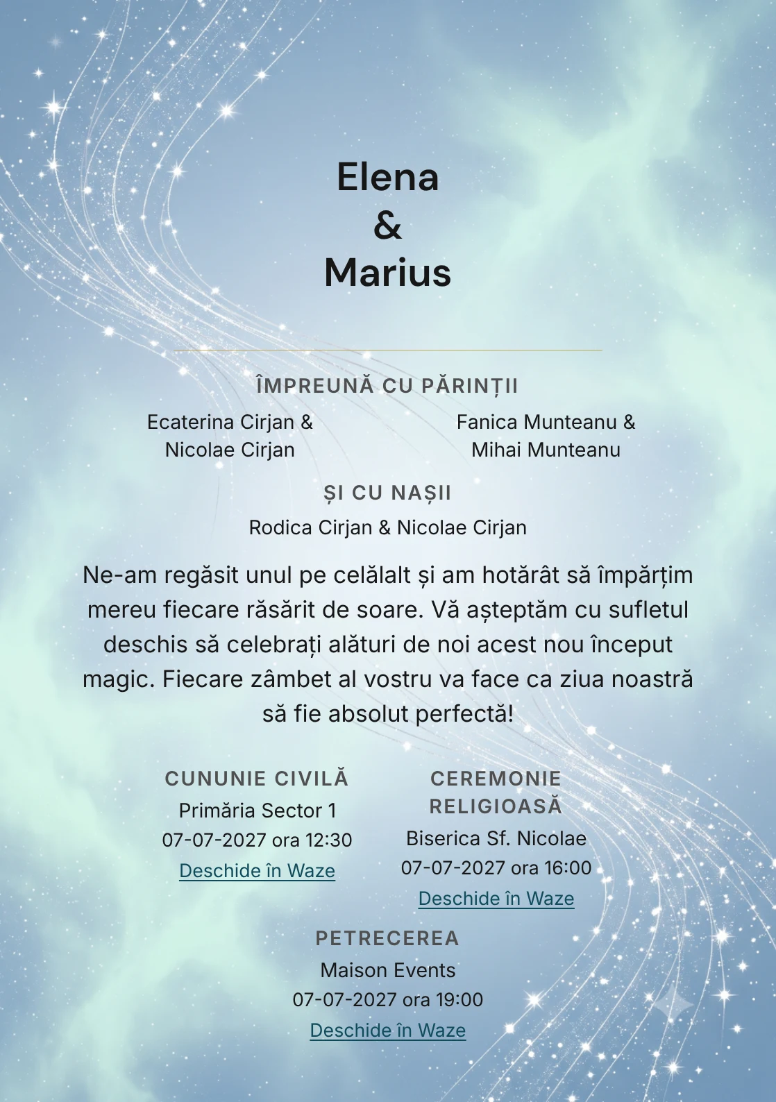 Constelații Unite, pentru o invitație de nuntă, prezintă două trasee de puncte care converg, completat vizual de nuanțe de albastru constelație stins și verde auroră pal.