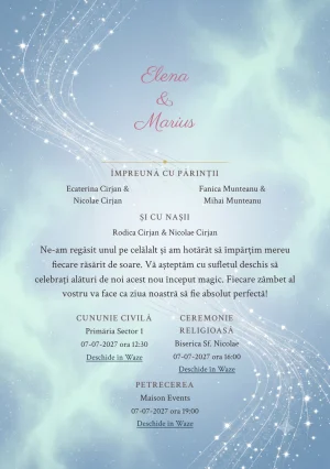 Constelații Unite, pentru o invitație de nuntă, prezintă două trasee de puncte care converg, completat vizual de nuanțe de albastru constelație stins și verde auroră pal.