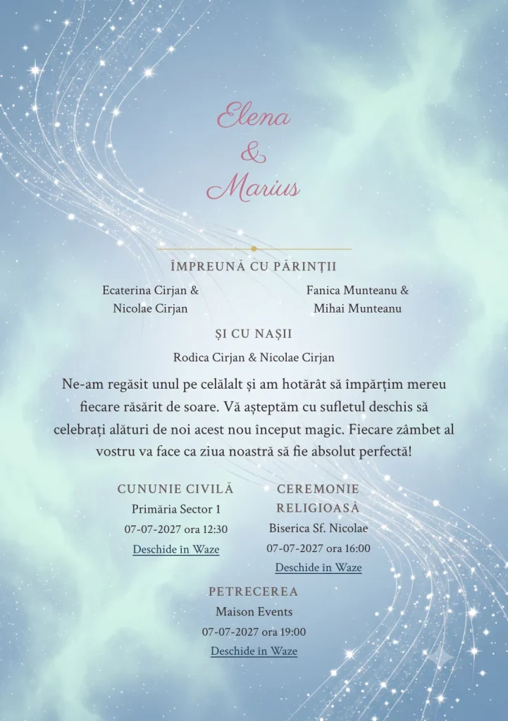 Constelații Unite, pentru o invitație de nuntă, prezintă două trasee de puncte care converg, completat vizual de nuanțe de albastru constelație stins și verde auroră pal.