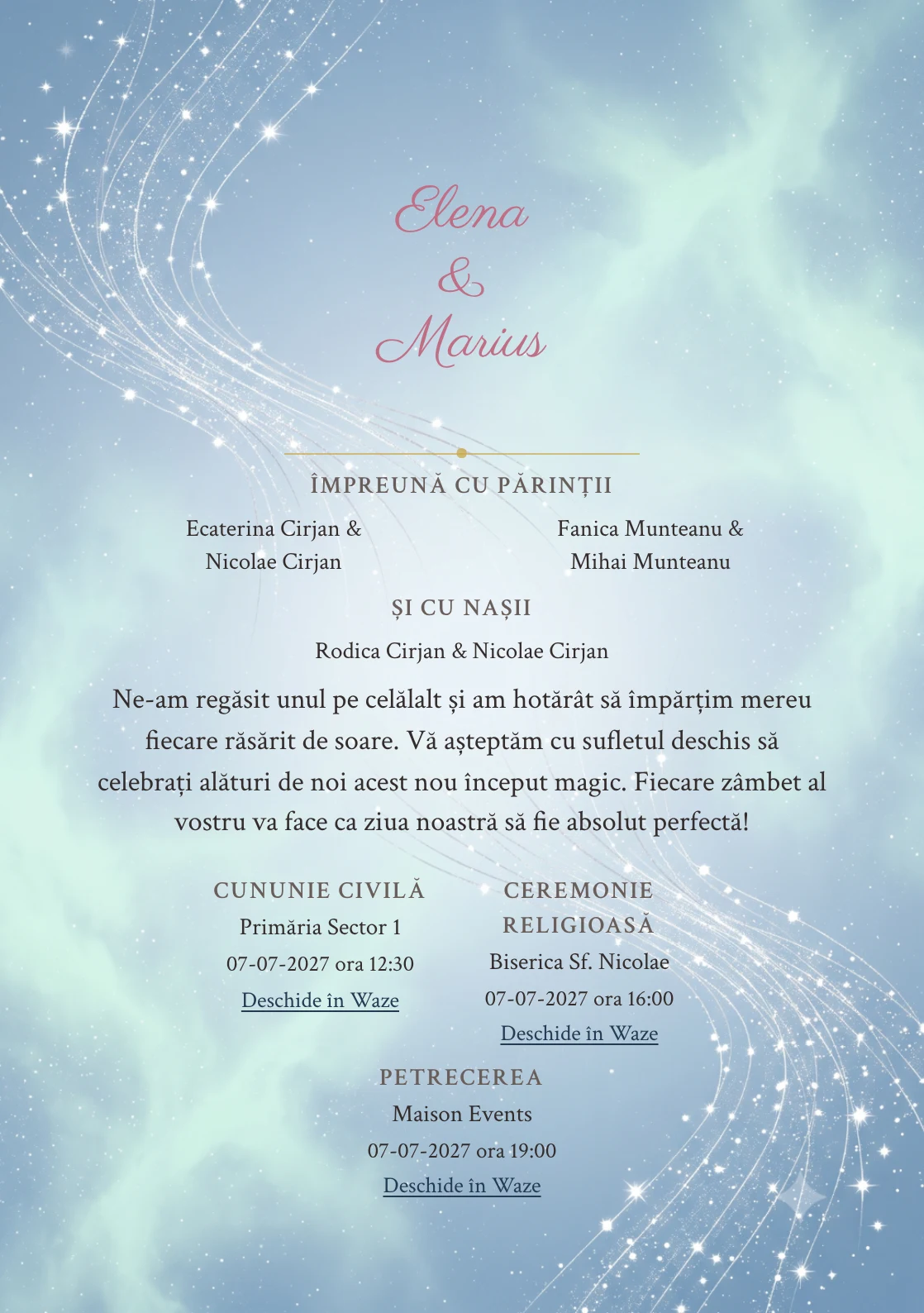 Constelații Unite, pentru o invitație de nuntă, prezintă două trasee de puncte care converg, completat vizual de nuanțe de albastru constelație stins și verde auroră pal.