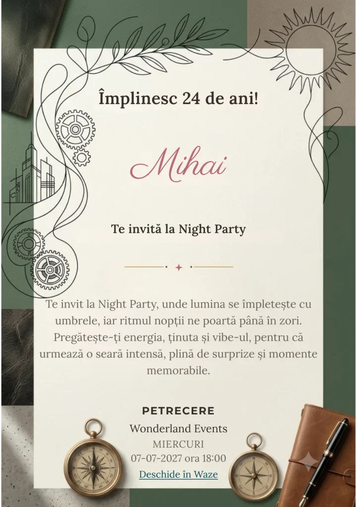 Contrast Delicat este un model de invitații online pentru o aniversare adultă, definit vizual de o linie neagră fină și forme organice.
