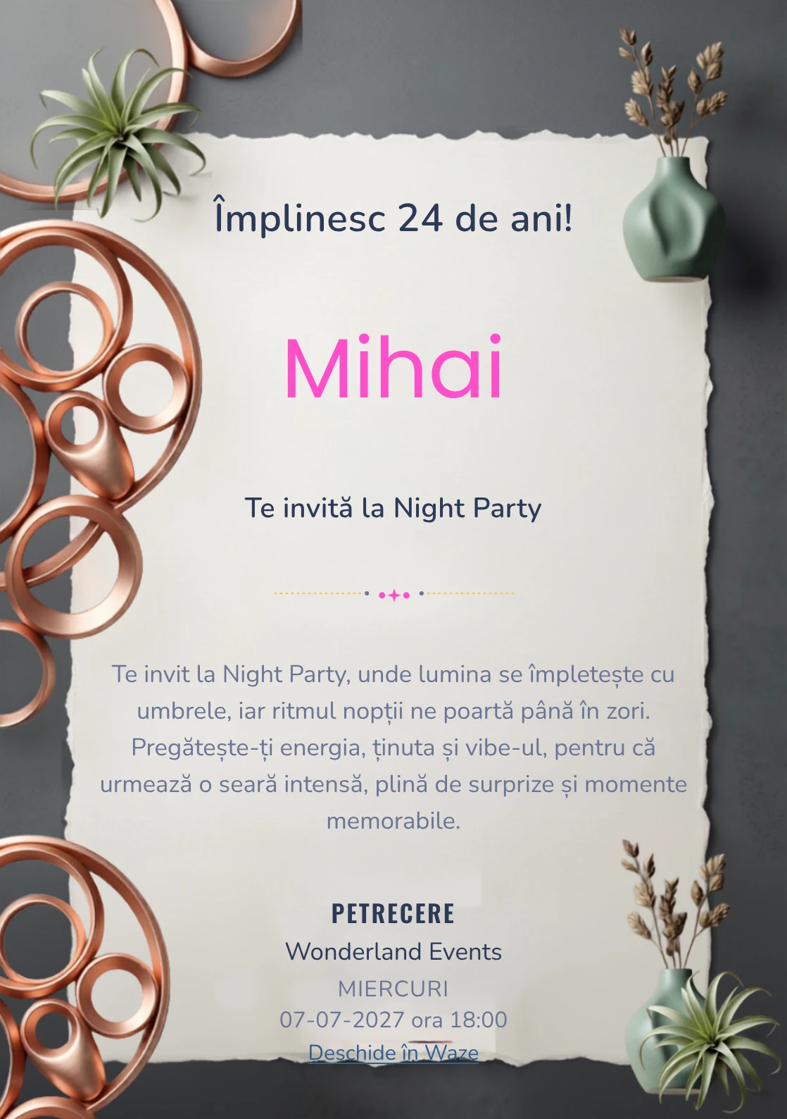 Copper Lounge este un model de invitații online pentru o aniversare adultă, definit vizual de o instalație circulară din cupru.