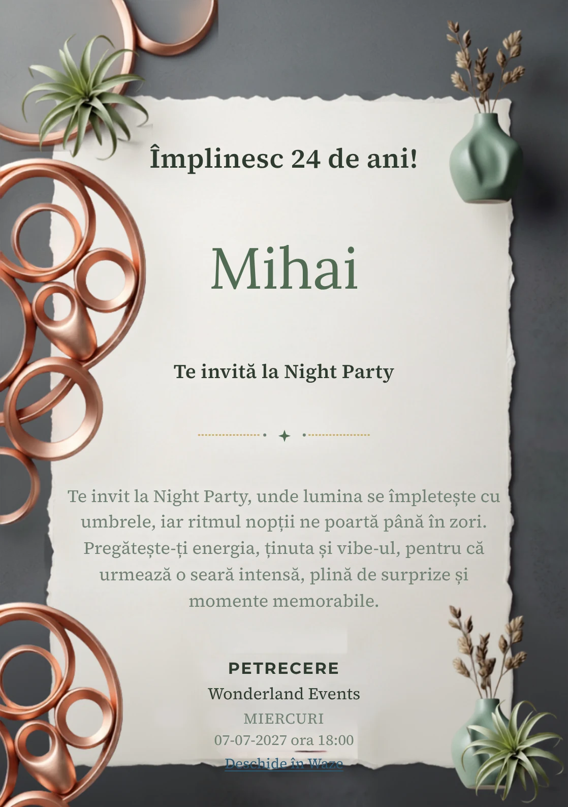 Copper Lounge este un model de invitații online pentru o aniversare adultă, definit vizual de o instalație circulară din cupru.