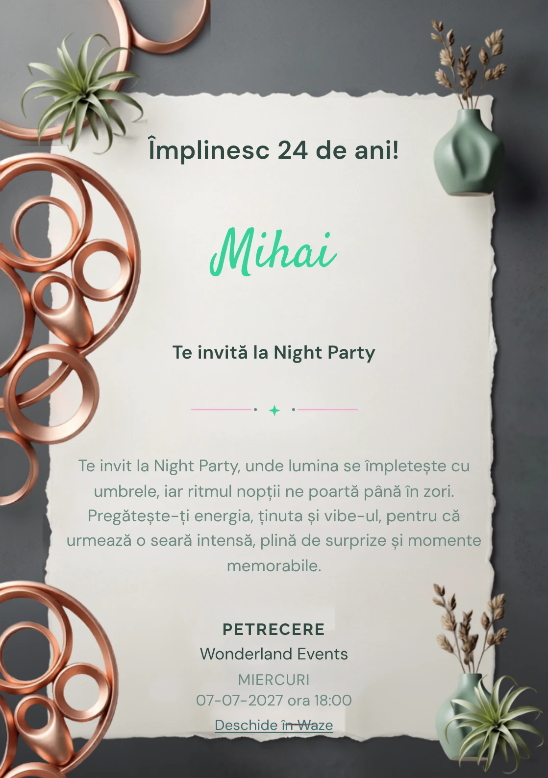 Copper Lounge este un model de invitații online pentru o aniversare adultă, definit vizual de o instalație circulară din cupru.
