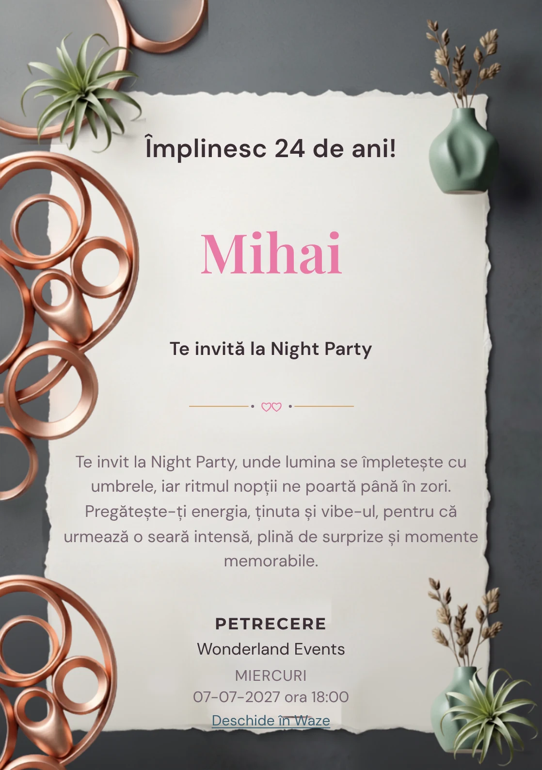 Copper Lounge este un model de invitații online pentru o aniversare adultă, definit vizual de o instalație circulară din cupru.