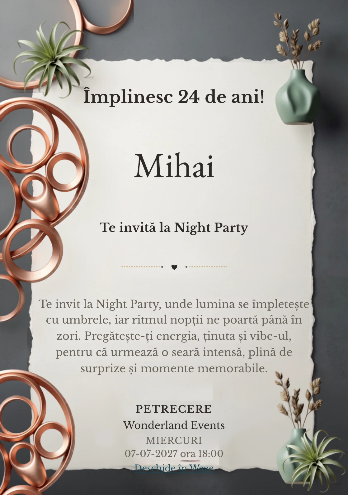 Copper Lounge este un model de invitații online pentru o aniversare adultă, definit vizual de o instalație circulară din cupru.