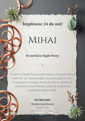 Copper Lounge este un model de invitații online pentru o aniversare adultă, definit vizual de o instalație circulară din cupru.