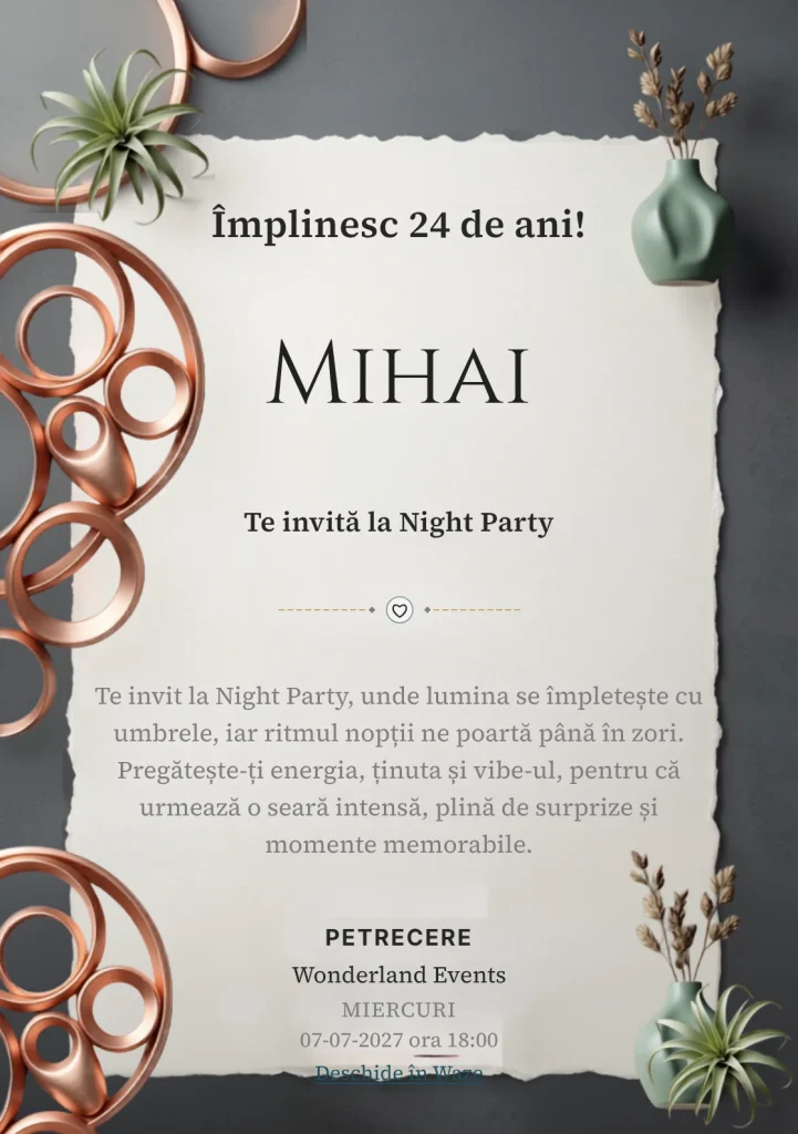 Copper Lounge este un model de invitații online pentru o aniversare adultă, definit vizual de o instalație circulară din cupru.
