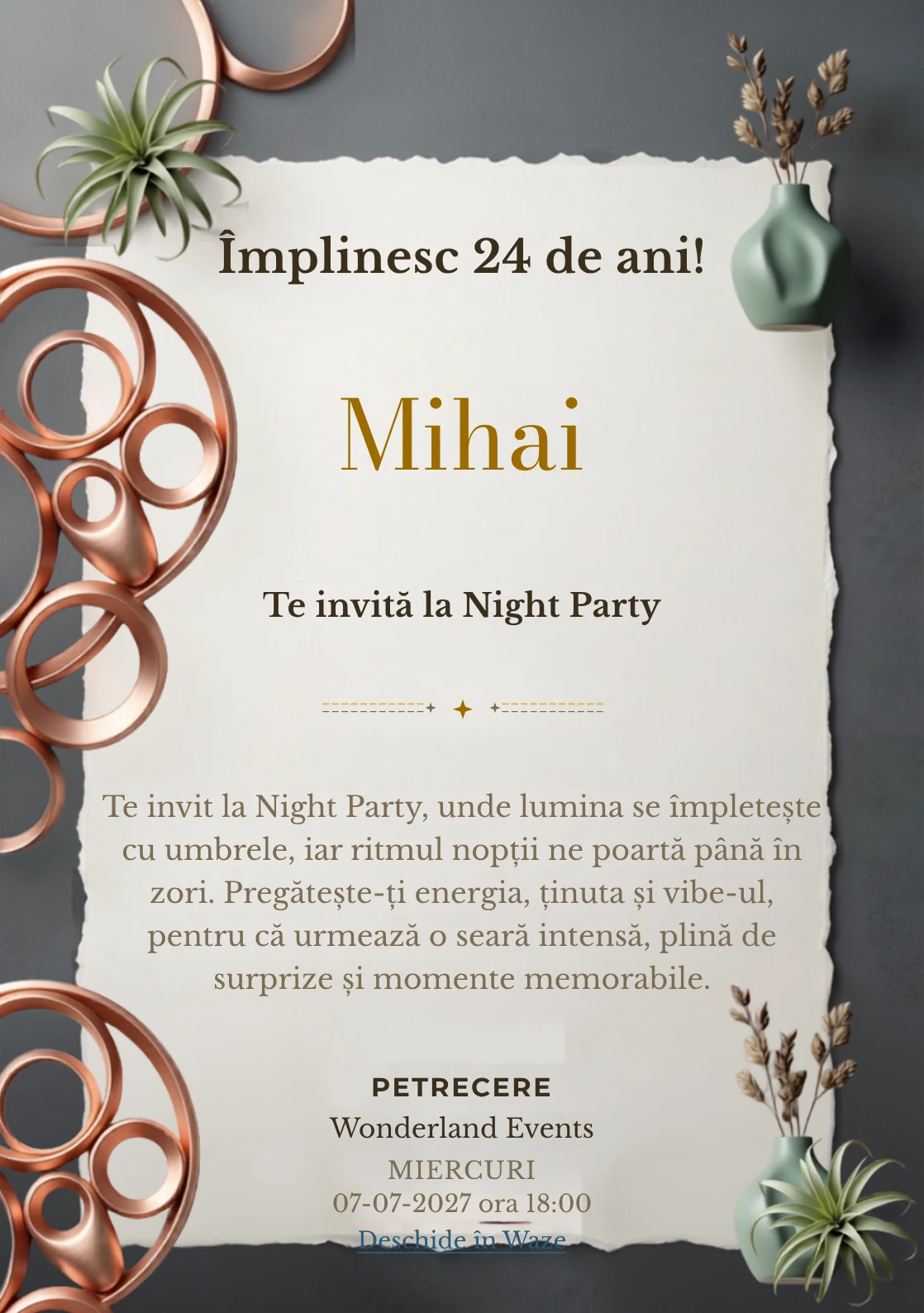 Copper Lounge este un model de invitații online pentru o aniversare adultă, definit vizual de o instalație circulară din cupru.