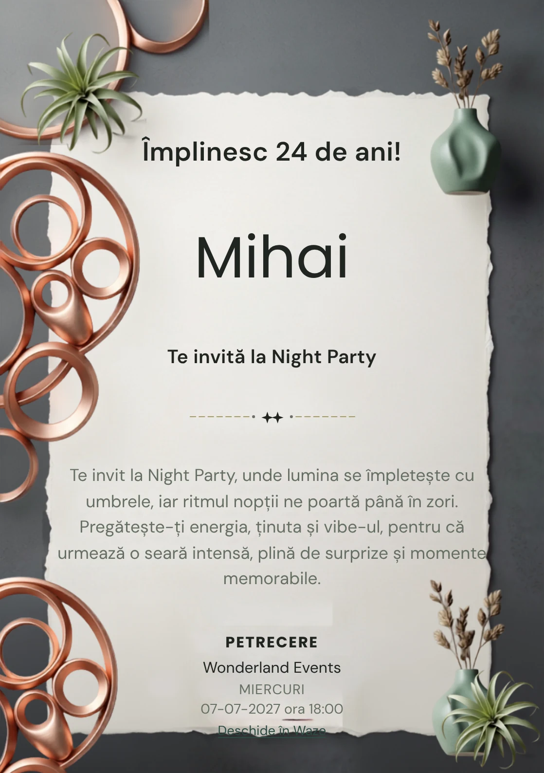 Copper Lounge este un model de invitații online pentru o aniversare adultă, definit vizual de o instalație circulară din cupru.