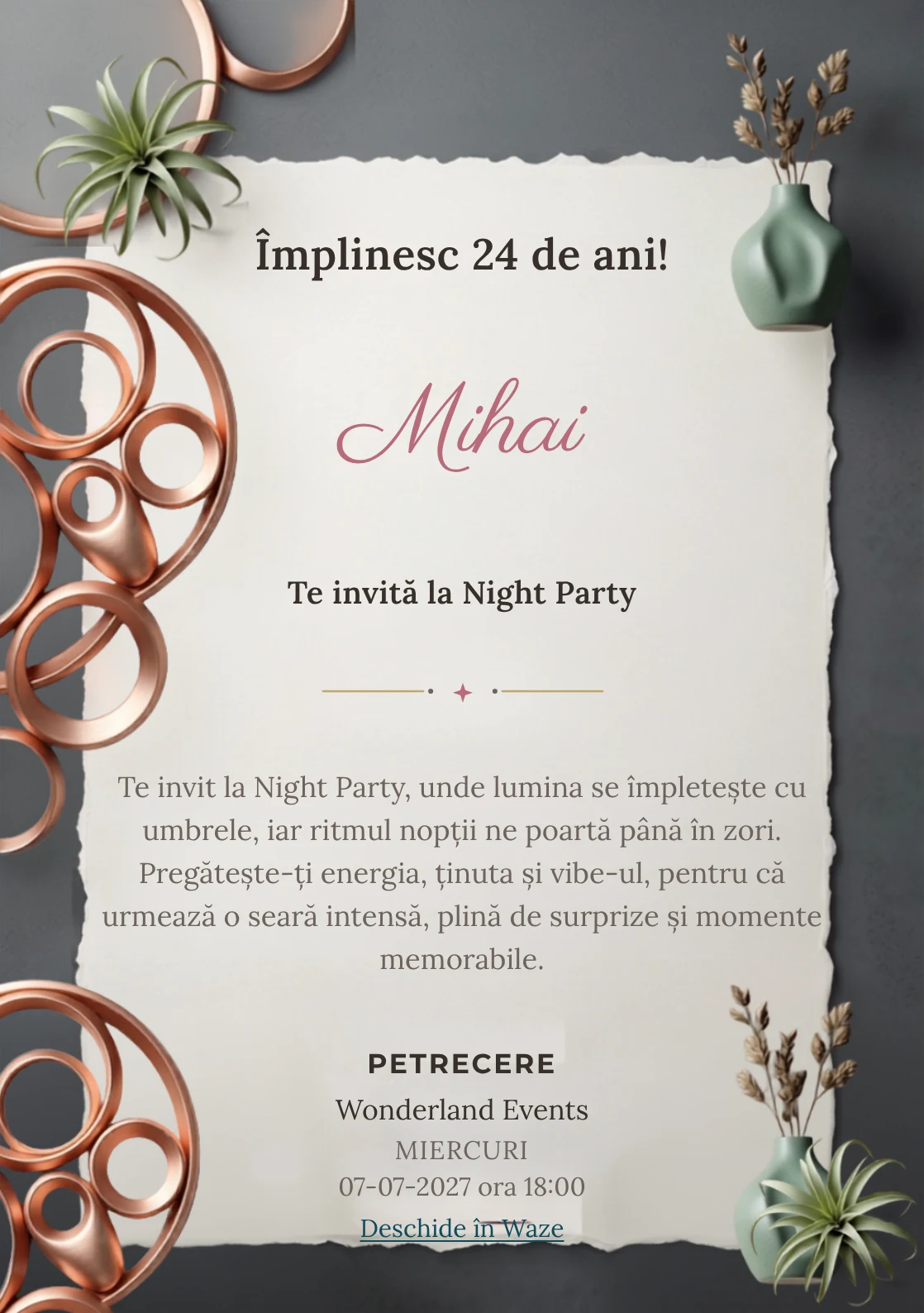 Copper Lounge este un model de invitații online pentru o aniversare adultă, definit vizual de o instalație circulară din cupru.