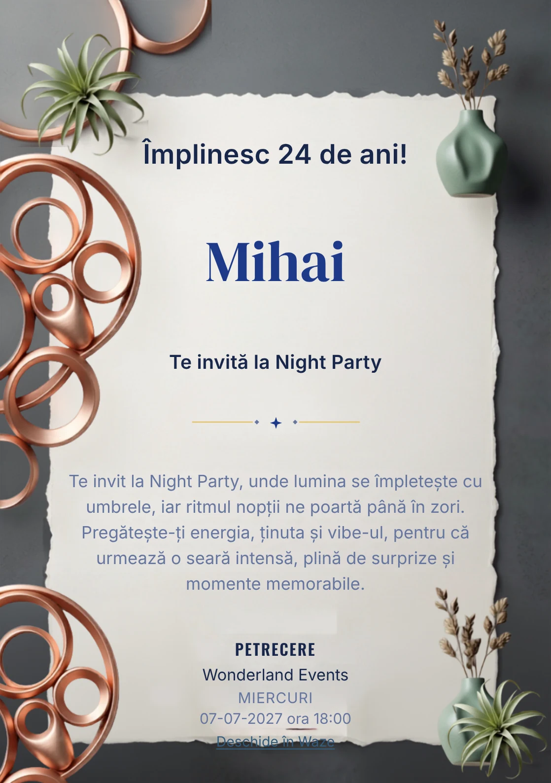 Copper Lounge este un model de invitații online pentru o aniversare adultă, definit vizual de o instalație circulară din cupru.