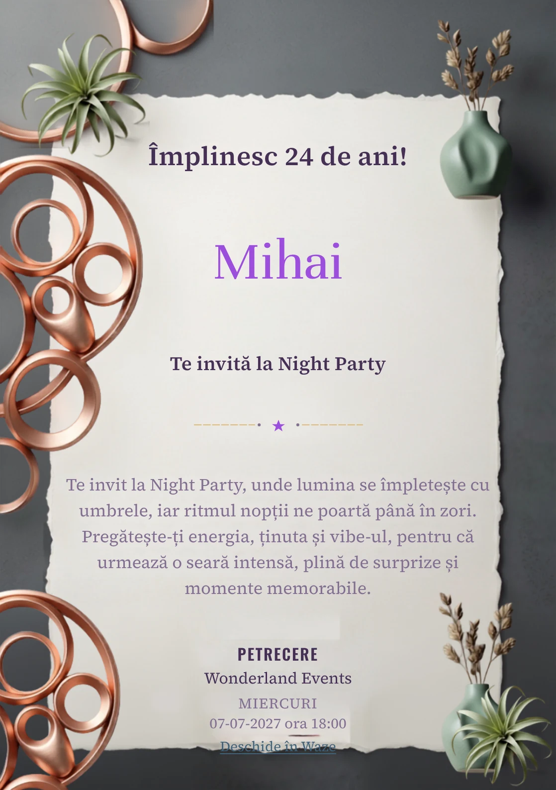 Copper Lounge este un model de invitații online pentru o aniversare adultă, definit vizual de o instalație circulară din cupru.