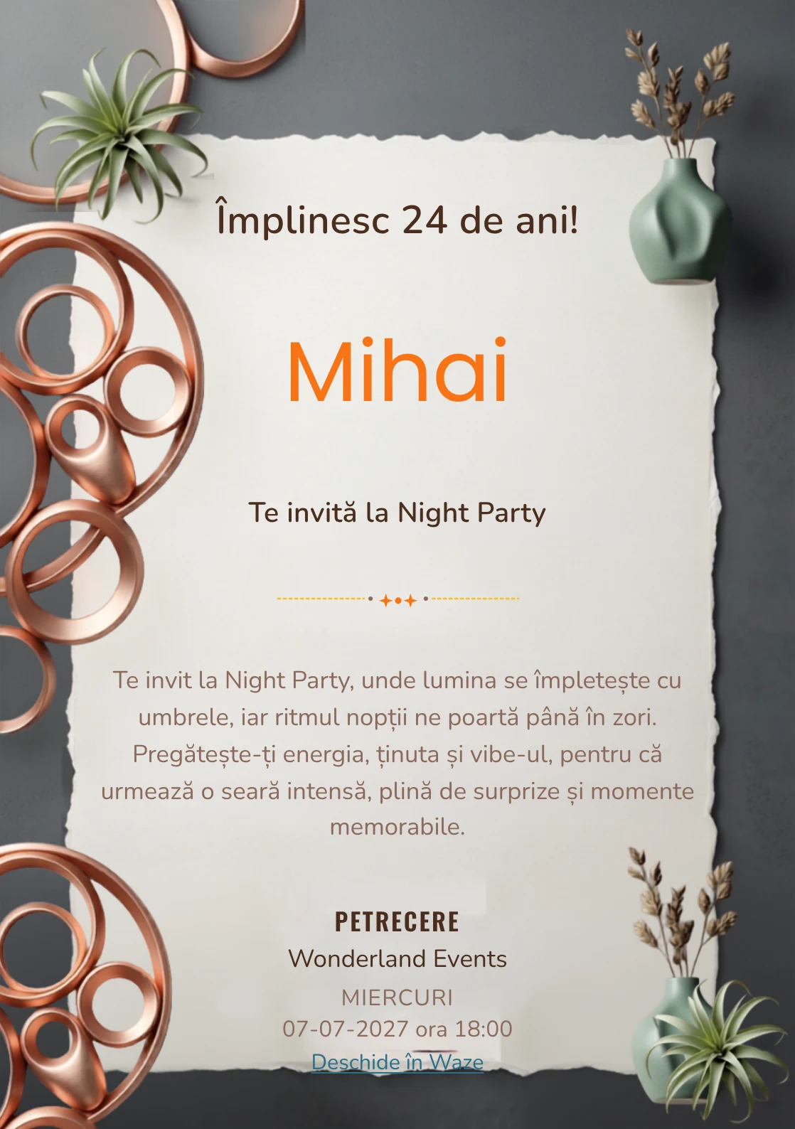 Copper Lounge este un model de invitații online pentru o aniversare adultă, definit vizual de o instalație circulară din cupru.