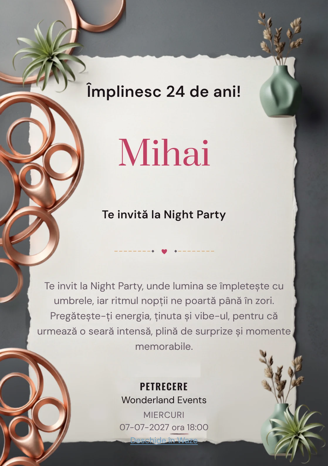 Copper Lounge este un model de invitații online pentru o aniversare adultă, definit vizual de o instalație circulară din cupru.