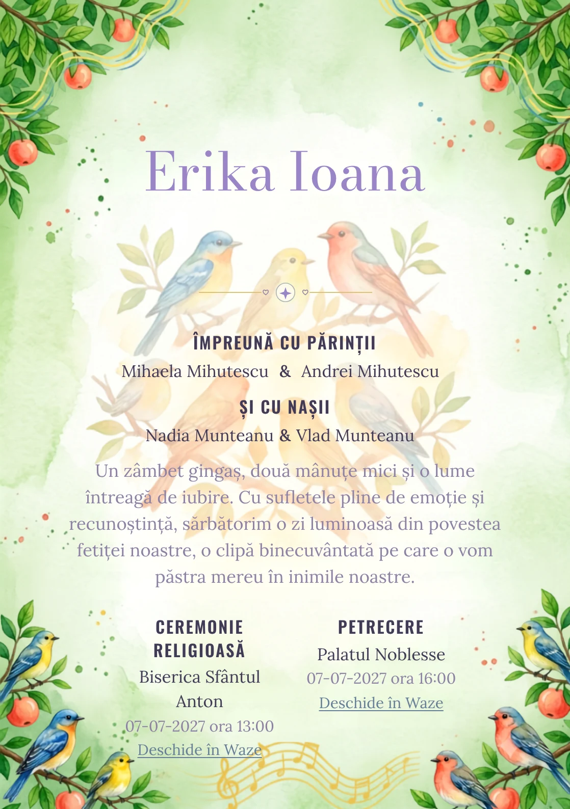 Corul Pădurii, din gama de invitații digitale botez, evidențiază un grup de păsări colorate așezate pe ramuri, alături de fructe, frunze și unde vizuale de cântec.
