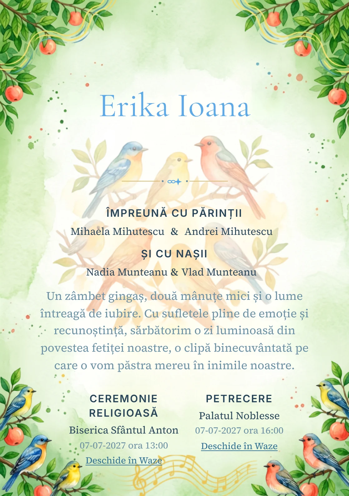 Corul Pădurii, din gama de invitații digitale botez, evidențiază un grup de păsări colorate așezate pe ramuri, alături de fructe, frunze și unde vizuale de cântec.