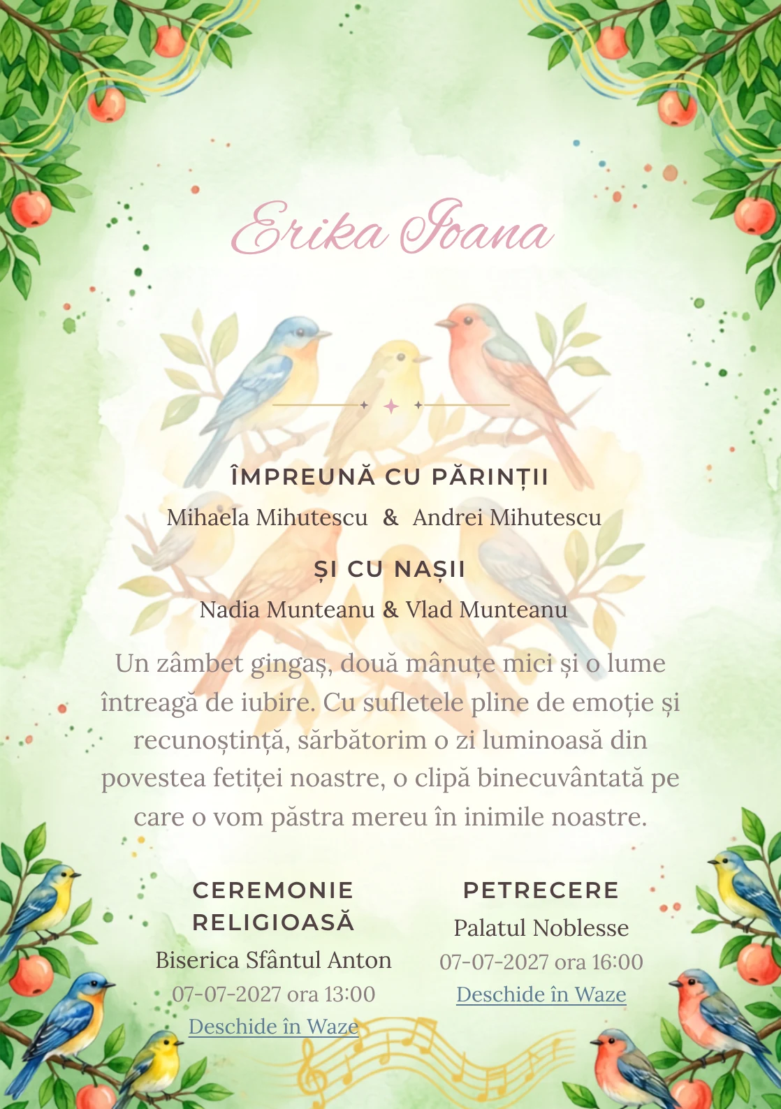 Corul Pădurii, din gama de invitații digitale botez, evidențiază un grup de păsări colorate așezate pe ramuri, alături de fructe, frunze și unde vizuale de cântec.