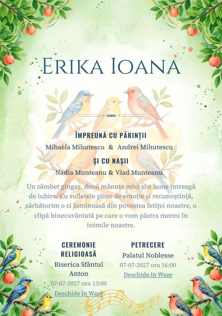 Corul Pădurii, din gama de invitații digitale botez, evidențiază un grup de păsări colorate așezate pe ramuri, alături de fructe, frunze și unde vizuale de cântec.