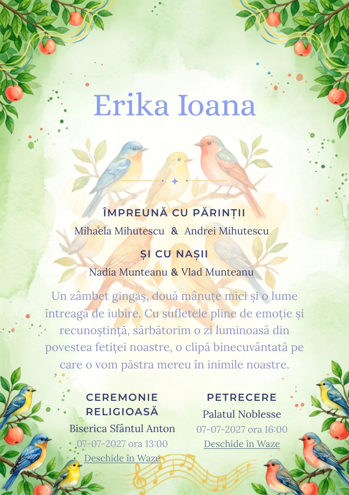 Corul Pădurii, din gama de invitații digitale botez, evidențiază un grup de păsări colorate așezate pe ramuri, alături de fructe, frunze și unde vizuale de cântec.