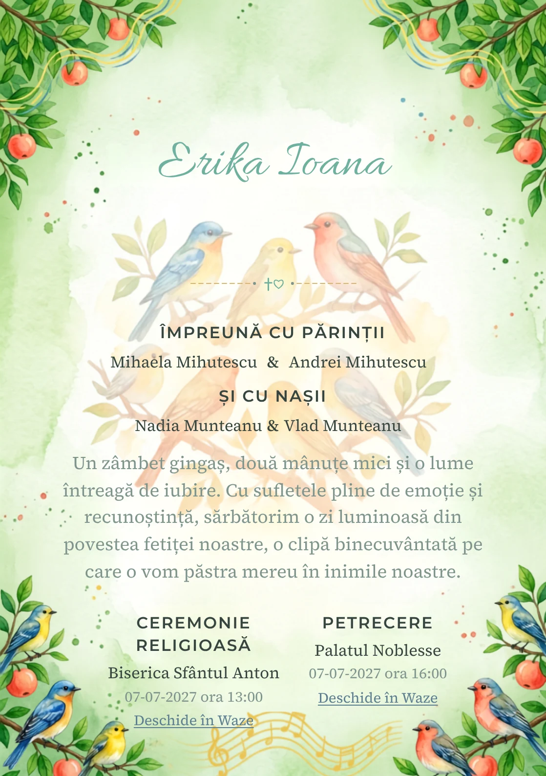 Corul Pădurii, din gama de invitații digitale botez, evidențiază un grup de păsări colorate așezate pe ramuri, alături de fructe, frunze și unde vizuale de cântec.