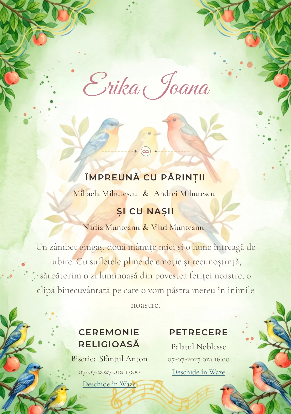 Corul Pădurii, din gama de invitații digitale botez, evidențiază un grup de păsări colorate așezate pe ramuri, alături de fructe, frunze și unde vizuale de cântec.