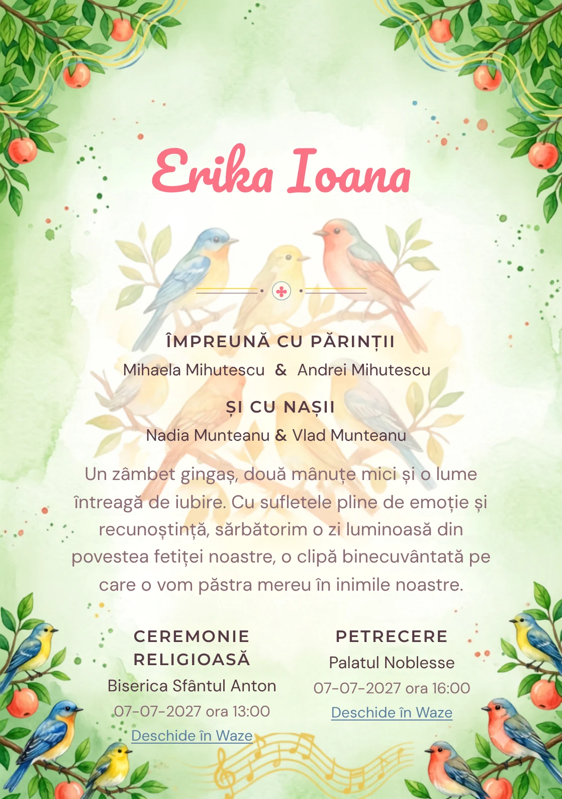 Corul Pădurii, din gama de invitații digitale botez, evidențiază un grup de păsări colorate așezate pe ramuri, alături de fructe, frunze și unde vizuale de cântec.