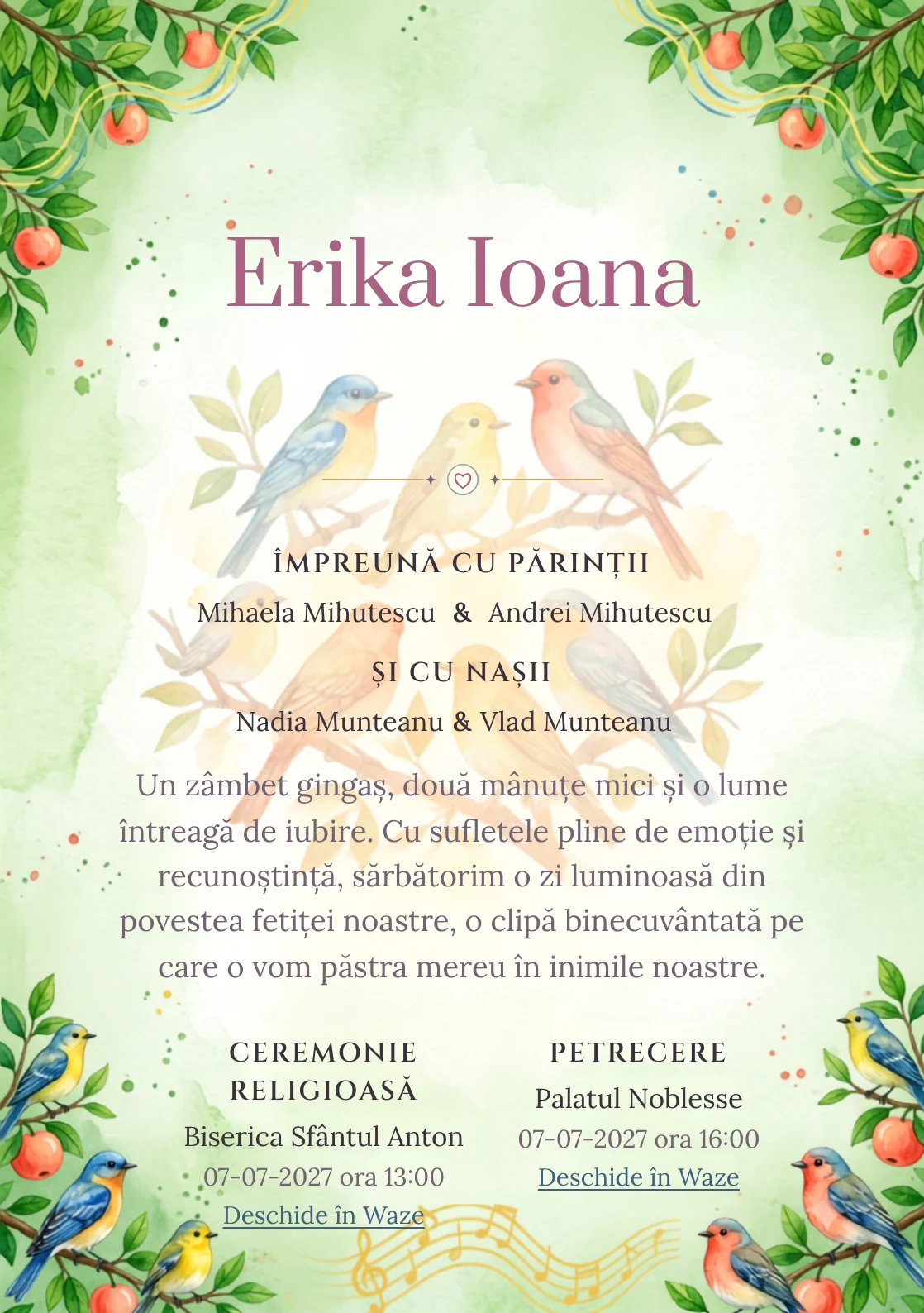 Corul Pădurii, din gama de invitații digitale botez, evidențiază un grup de păsări colorate așezate pe ramuri, alături de fructe, frunze și unde vizuale de cântec.