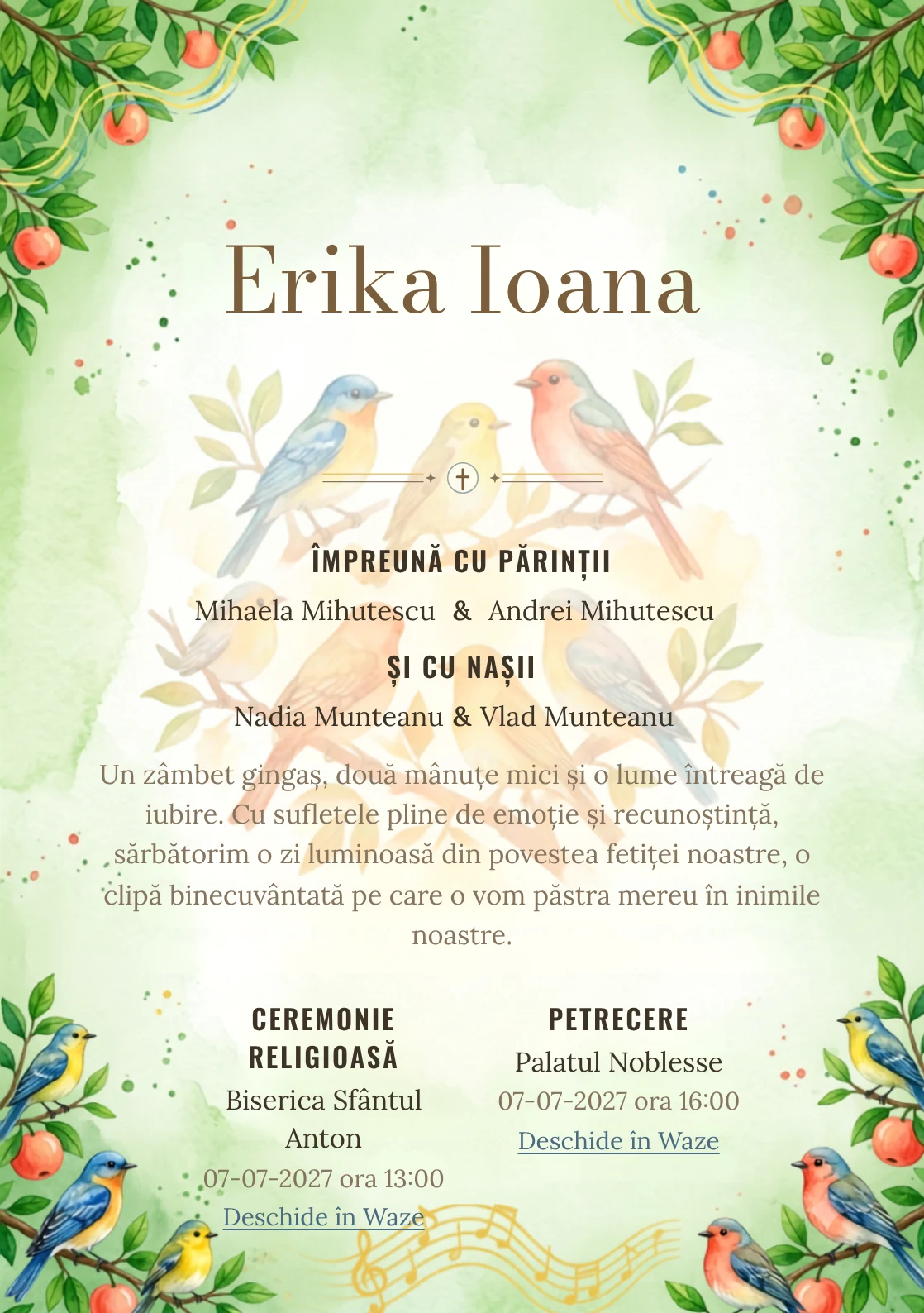Corul Pădurii, din gama de invitații digitale botez, evidențiază un grup de păsări colorate așezate pe ramuri, alături de fructe, frunze și unde vizuale de cântec.