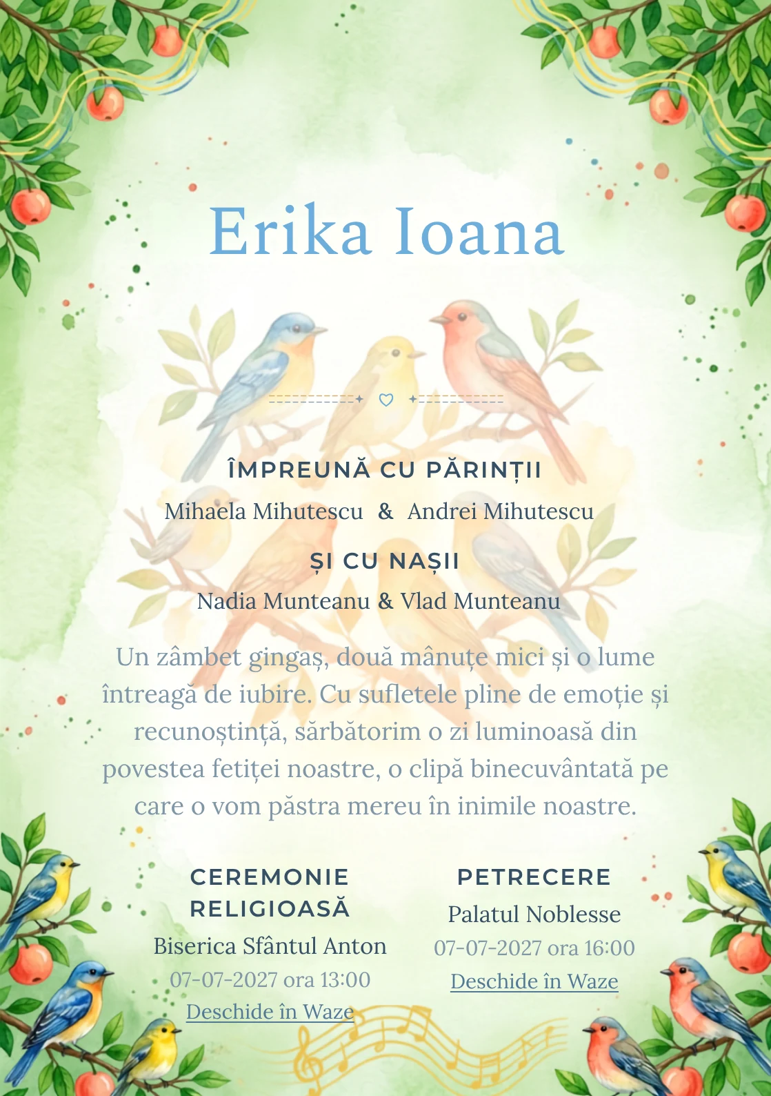 Corul Pădurii, din gama de invitații digitale botez, evidențiază un grup de păsări colorate așezate pe ramuri, alături de fructe, frunze și unde vizuale de cântec.