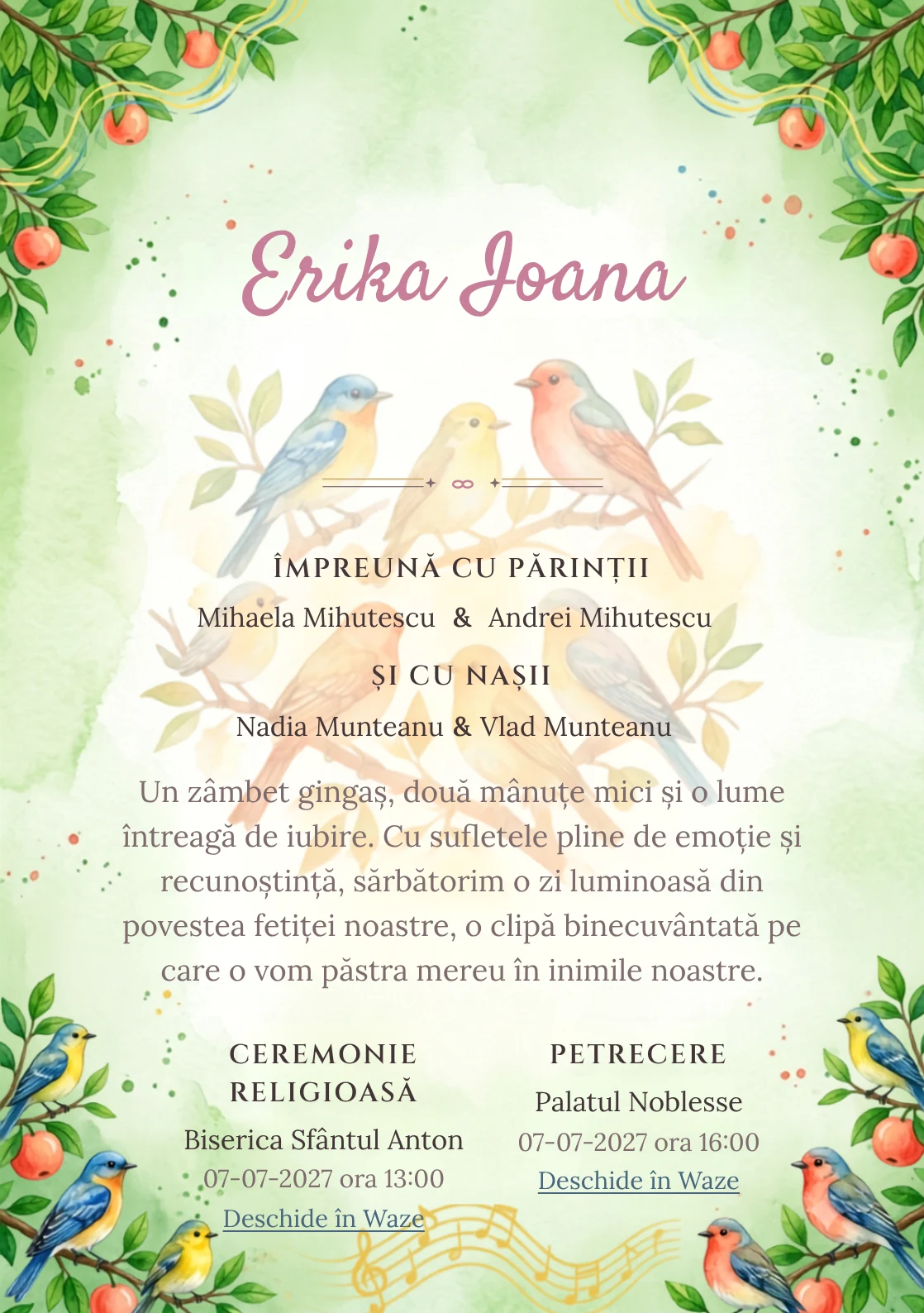 Corul Pădurii, din gama de invitații digitale botez, evidențiază un grup de păsări colorate așezate pe ramuri, alături de fructe, frunze și unde vizuale de cântec.