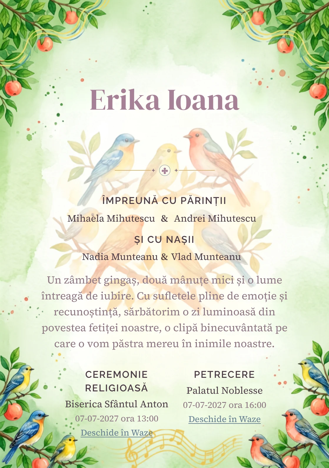 Corul Pădurii, din gama de invitații digitale botez, evidențiază un grup de păsări colorate așezate pe ramuri, alături de fructe, frunze și unde vizuale de cântec.