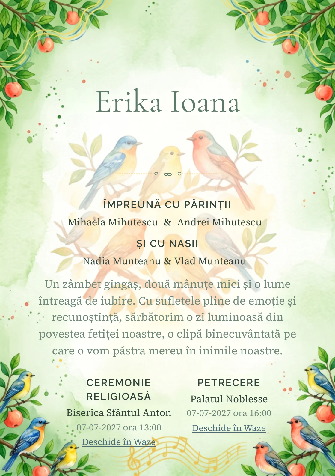 Corul Pădurii, din gama de invitații digitale botez, evidențiază un grup de păsări colorate așezate pe ramuri, alături de fructe, frunze și unde vizuale de cântec.