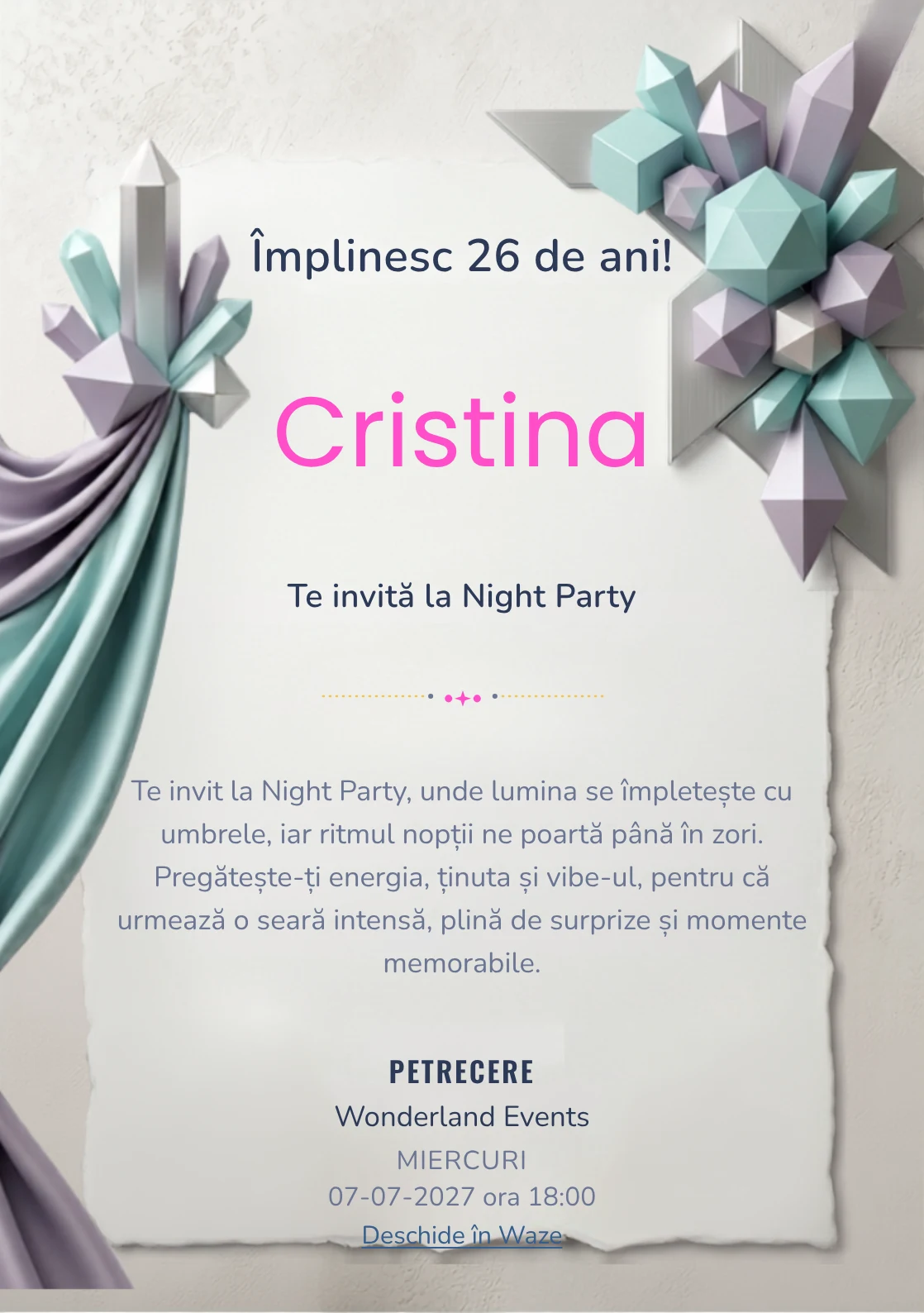 Crystal Geometry este un model de invitații digitale pentru o aniversare adultă, definit vizual de cristale geometrice.