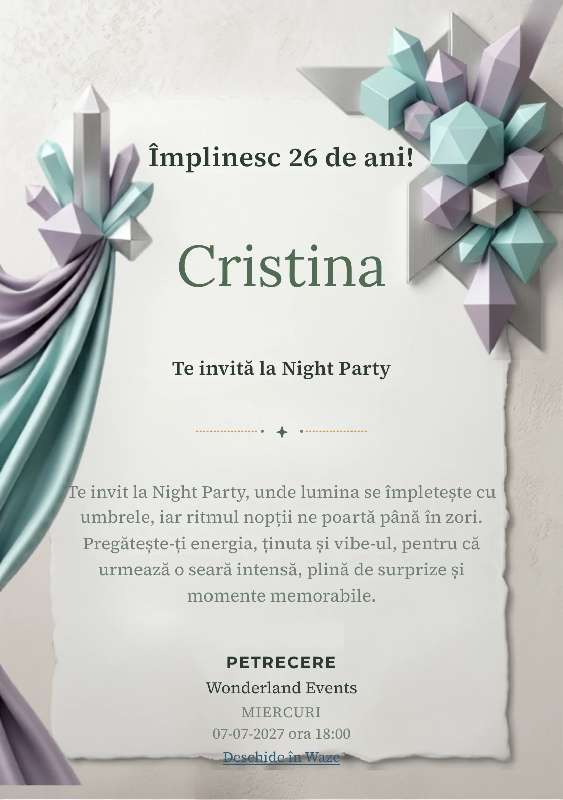 Crystal Geometry este un model de invitații digitale pentru o aniversare adultă, definit vizual de cristale geometrice.