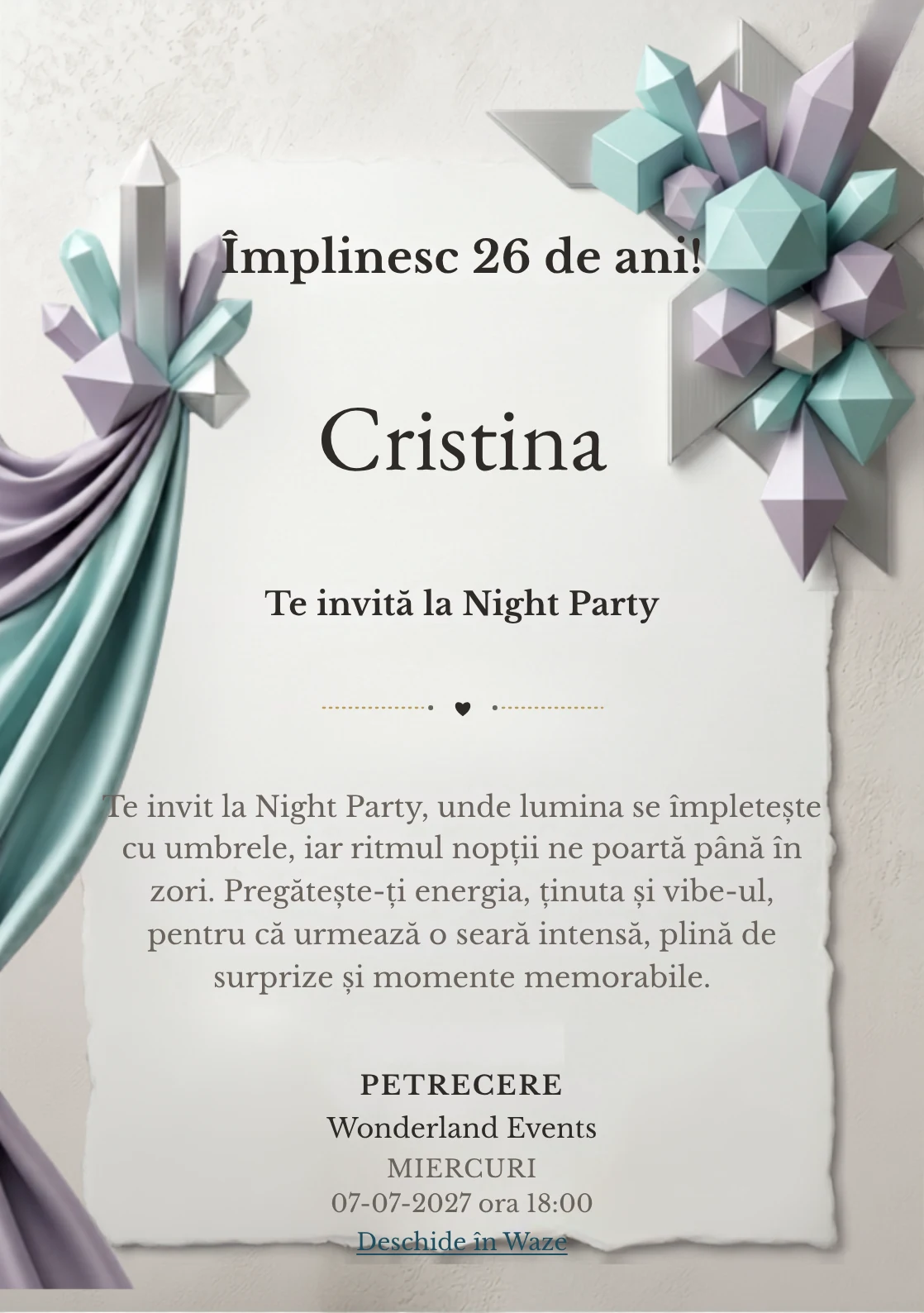Crystal Geometry este un model de invitații digitale pentru o aniversare adultă, definit vizual de cristale geometrice.
