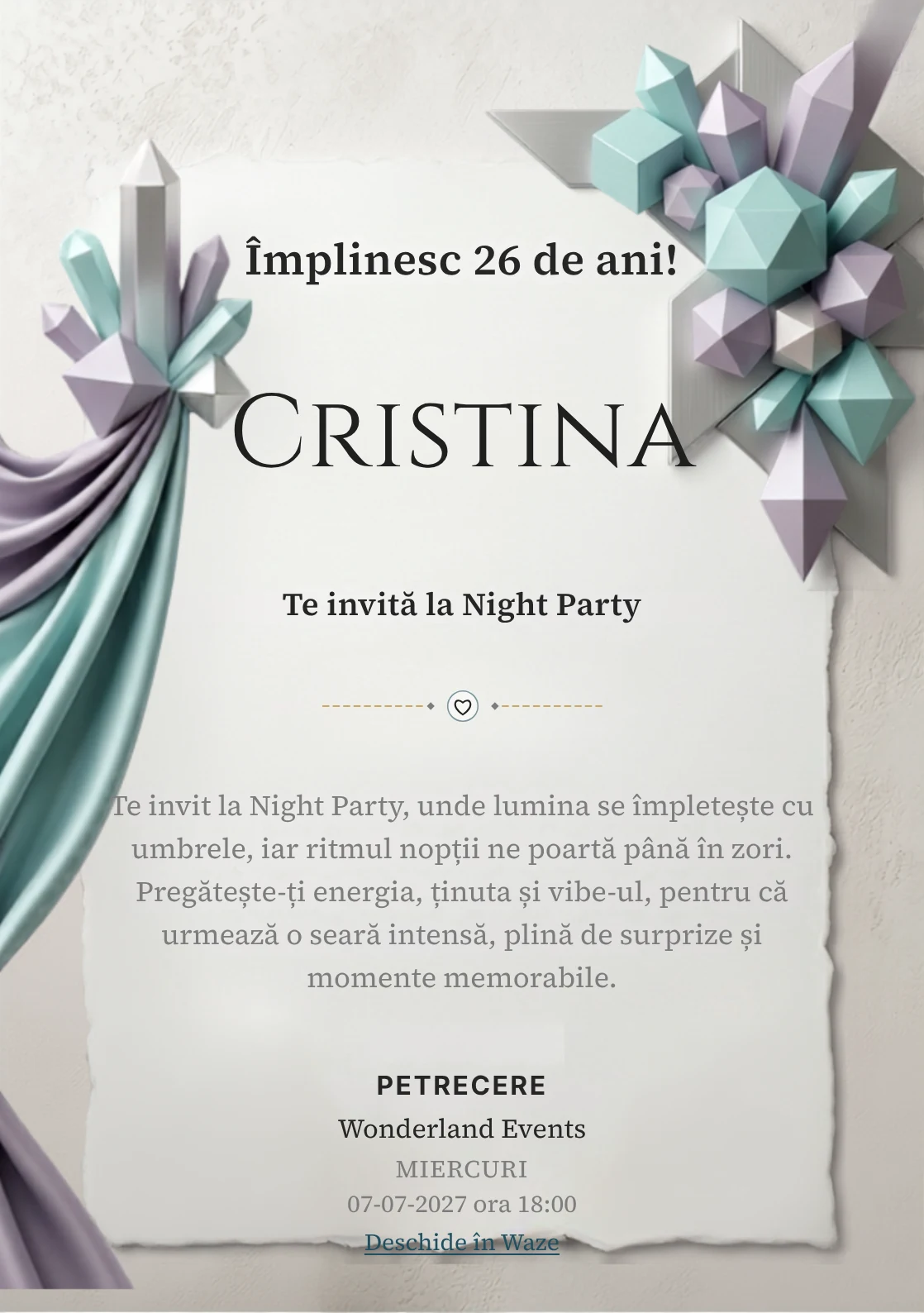 Crystal Geometry este un model de invitații digitale pentru o aniversare adultă, definit vizual de cristale geometrice.