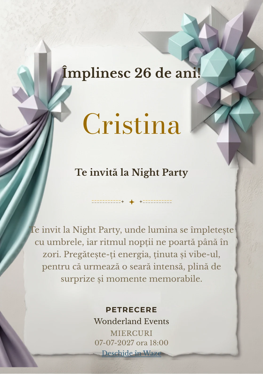 Crystal Geometry este un model de invitații digitale pentru o aniversare adultă, definit vizual de cristale geometrice.