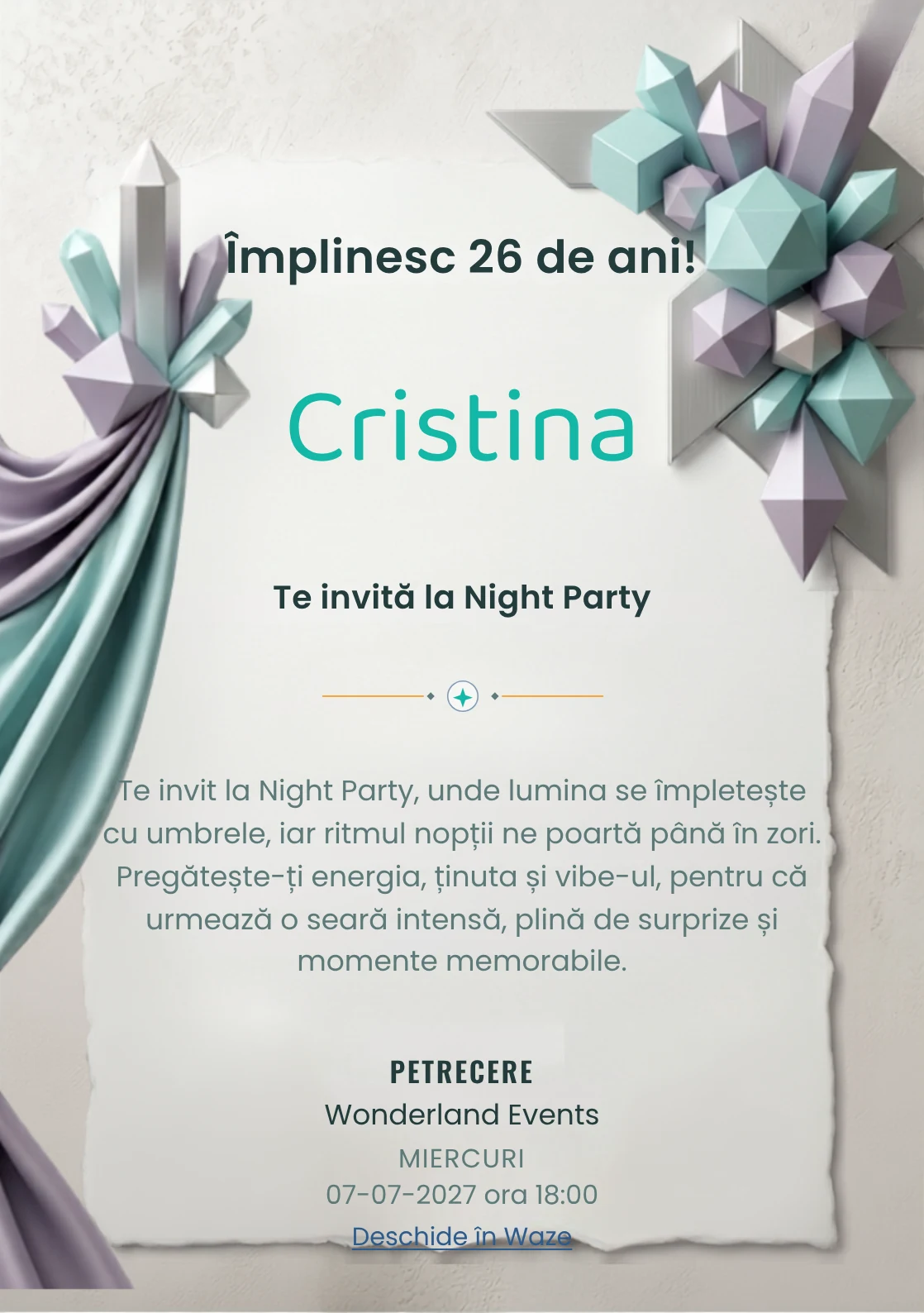 Crystal Geometry este un model de invitații digitale pentru o aniversare adultă, definit vizual de cristale geometrice.