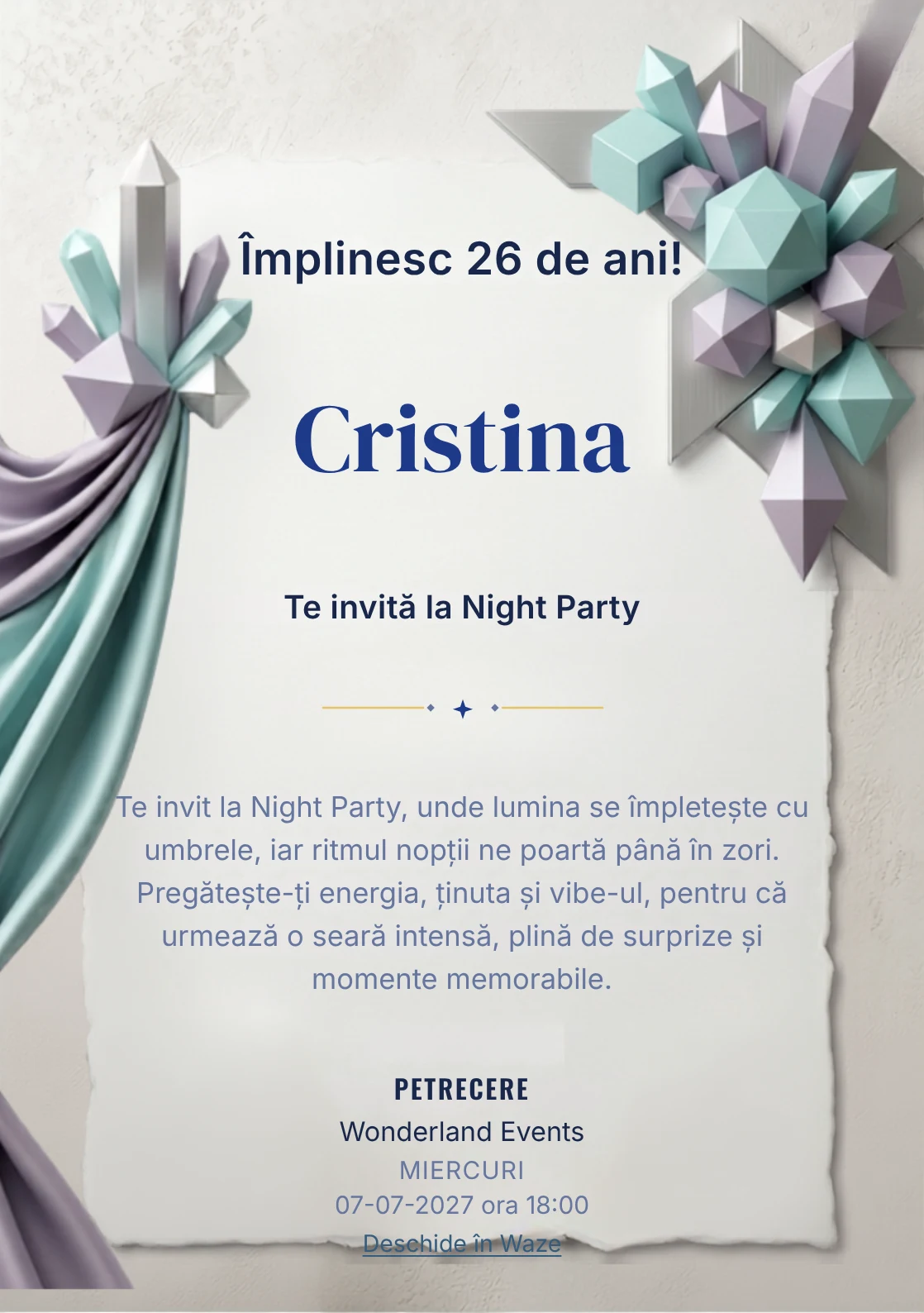 Crystal Geometry este un model de invitații digitale pentru o aniversare adultă, definit vizual de cristale geometrice.